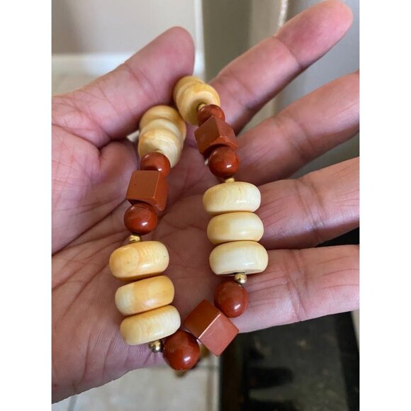 Vintage MJ Bone & Horn Necklace Red Jasper Square & Round Beads 27" - Picture 5 of 11